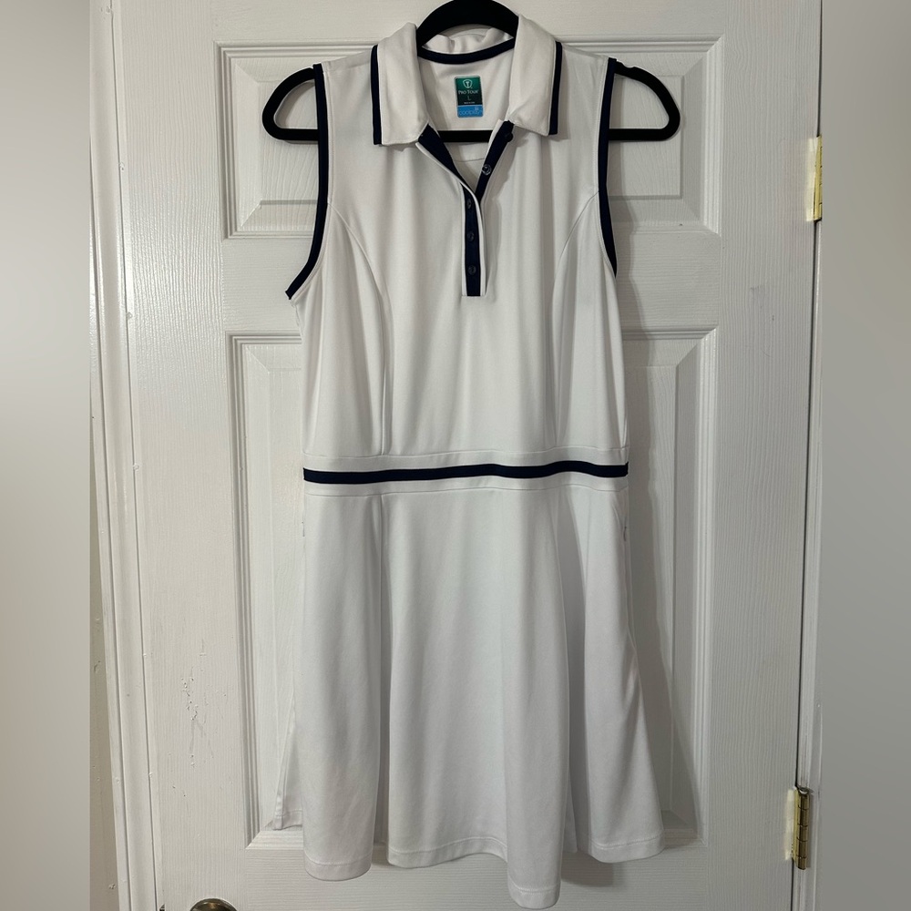 PGA Tour White Sleeveless Polo Dress with Navy Trim